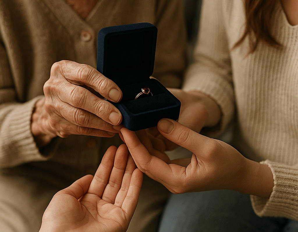 mujer entregando anillo a hija