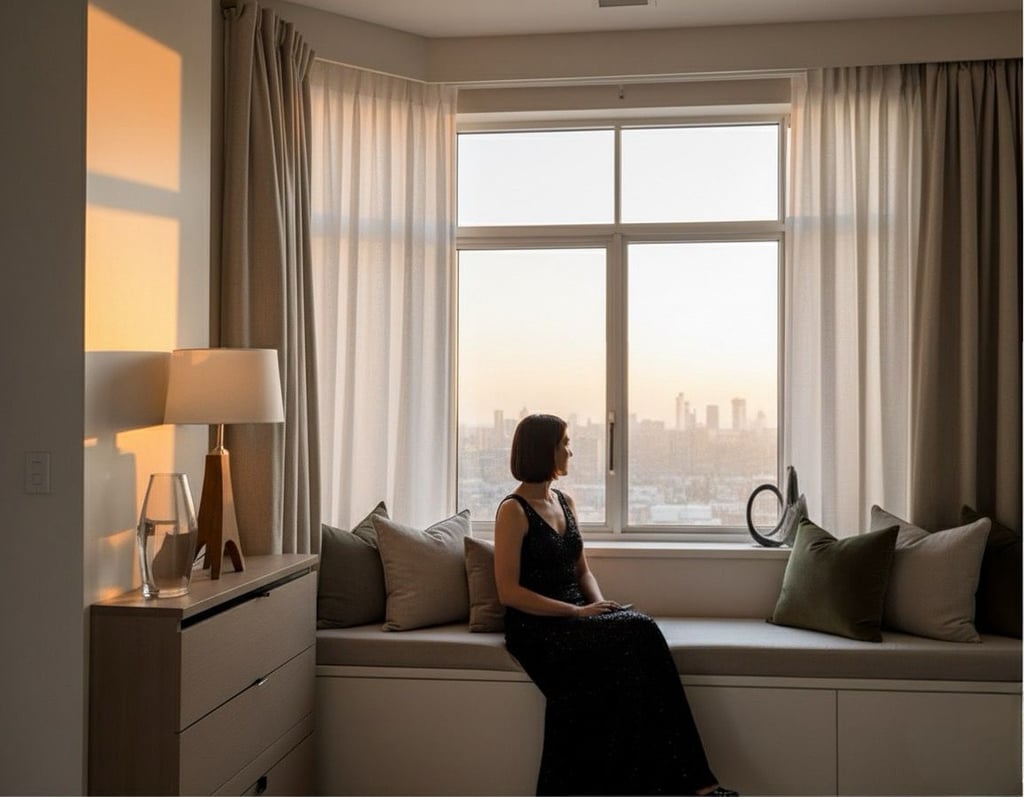 a woman sitting on a window sill with a view of a city Nour Nagy Designs