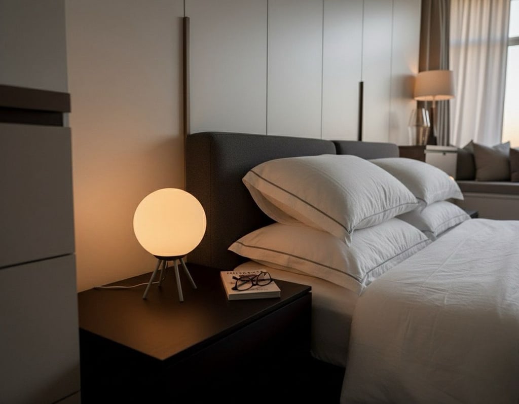 a bed with a lamp on top of it Nour Nagy Designs