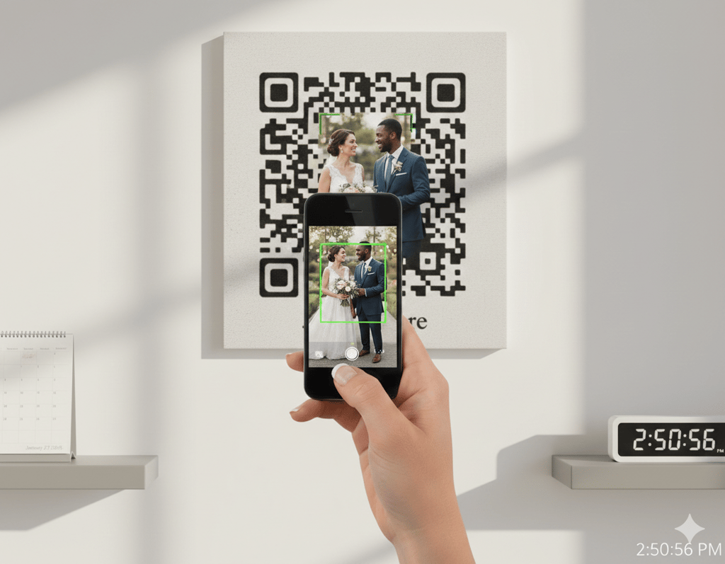 a person taking a photo of a keepsakesQR.com QR code and cell phone