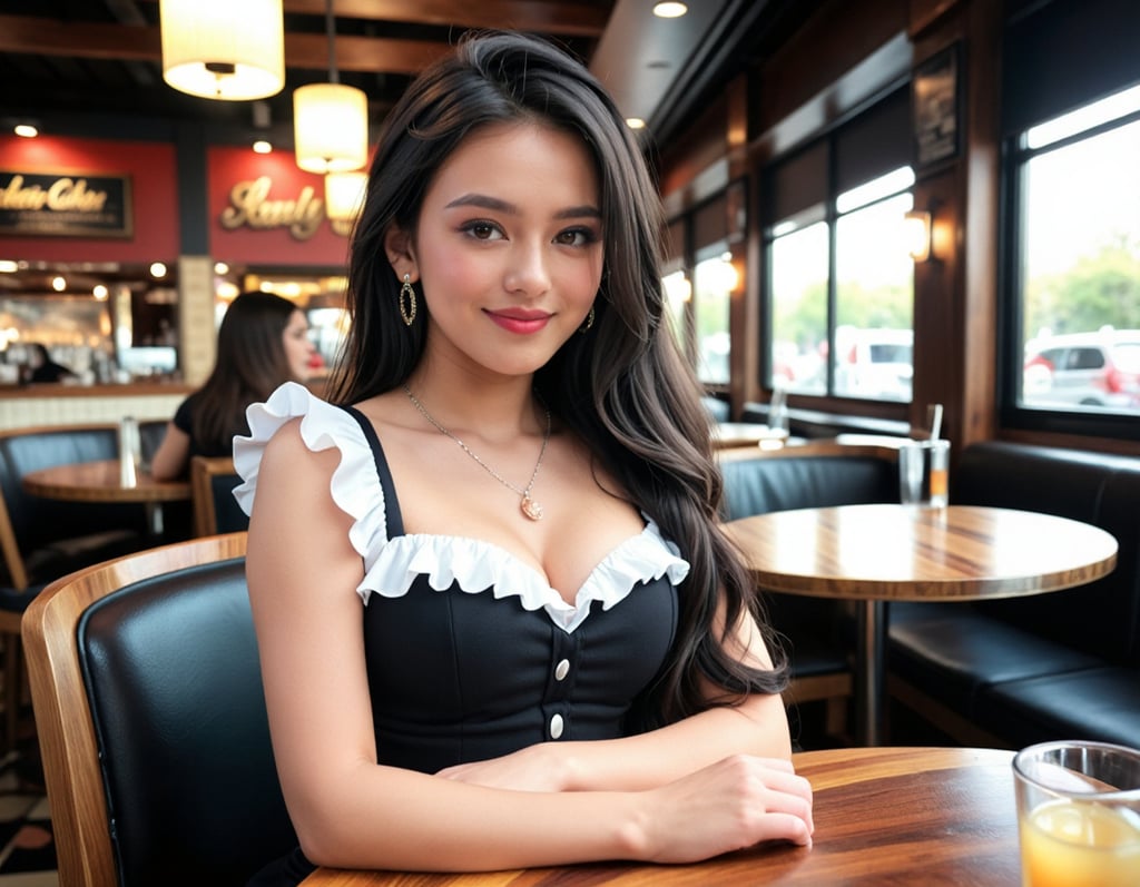 A woman wearing a black dress in a restaurant