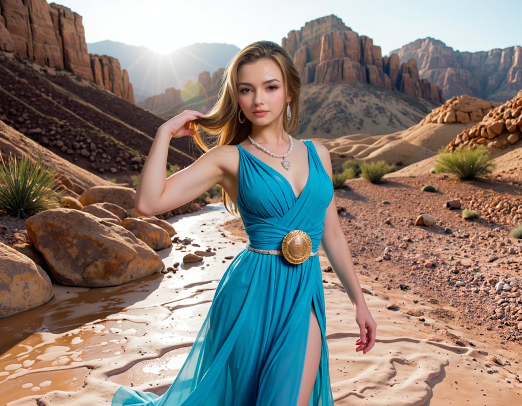 A woman in a long blue gown in the desert