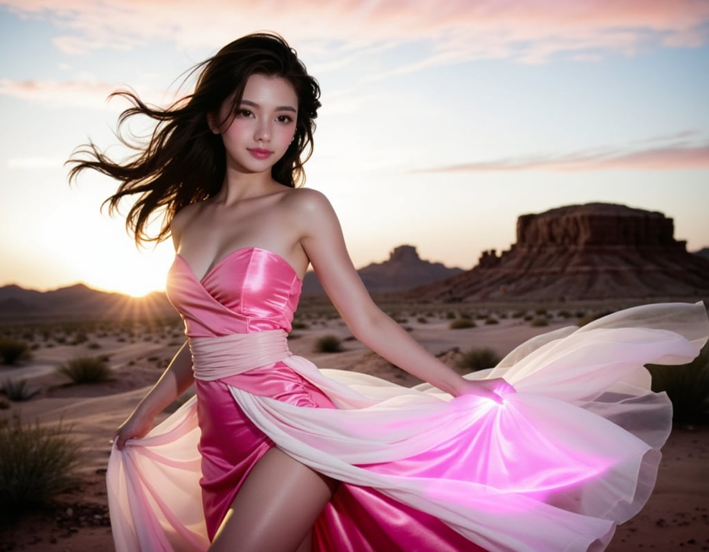 A portrait of model in pink flowing dress