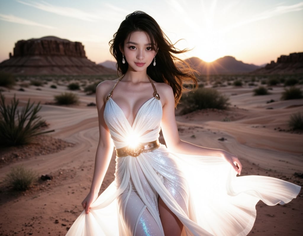 A model portrait of a woman in white flowing dress