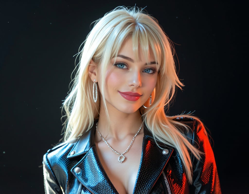 A woman wearing a black leather jacket portrait