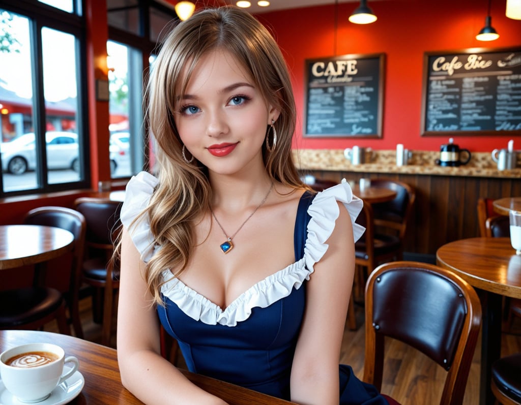 A woman in a blue dress in a restaurant