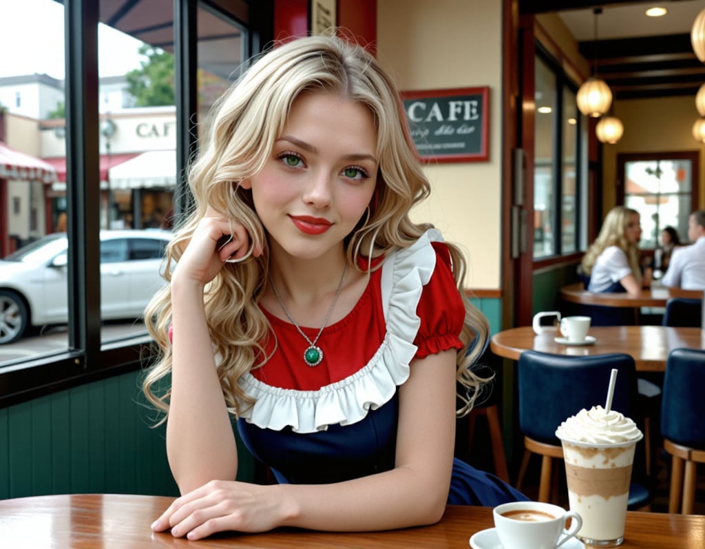 A woman with blonde hair sitting in a restaurant