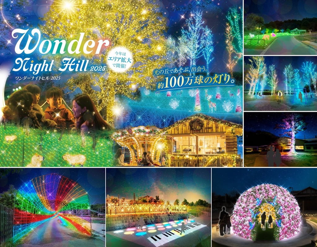 夜間に点灯したハーベストの丘のイルミネーション会場。金色や青色のLEDが木々や建物を照らし、観覧車や光のトンネル、光るピアノなどのエリアが並ぶ様子｜堺市のイベント情報ならサカイタイムズ