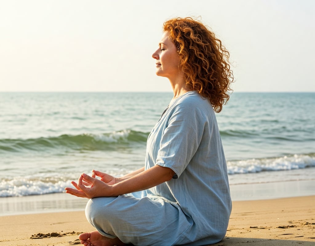 Mujer meditando en la playa.
