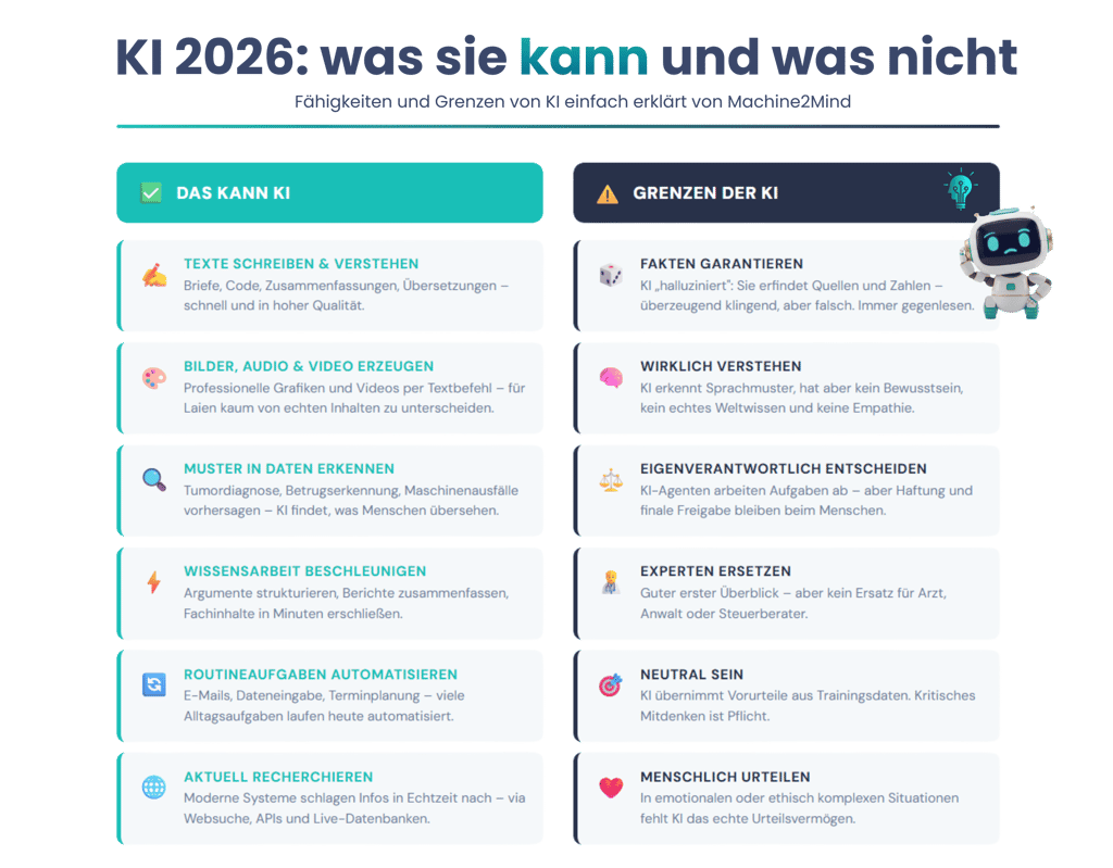 Infografik 2026: KI-Stärken (Texte, Daten, Recherche) vs. Grenzen (Fakten-Check, Haftung, Empathie).