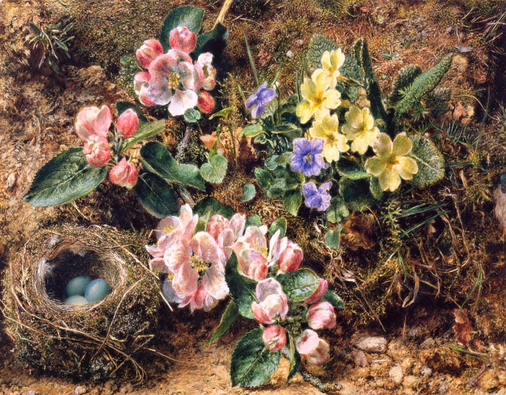 William Henry Hunt - Bird's Nest, Apple Blossoms and Primroses, 1840s