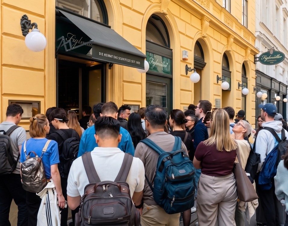 Una larga fila de turistas esperando en el restaurante Figlmüller en Viena para probar el Schnitzel