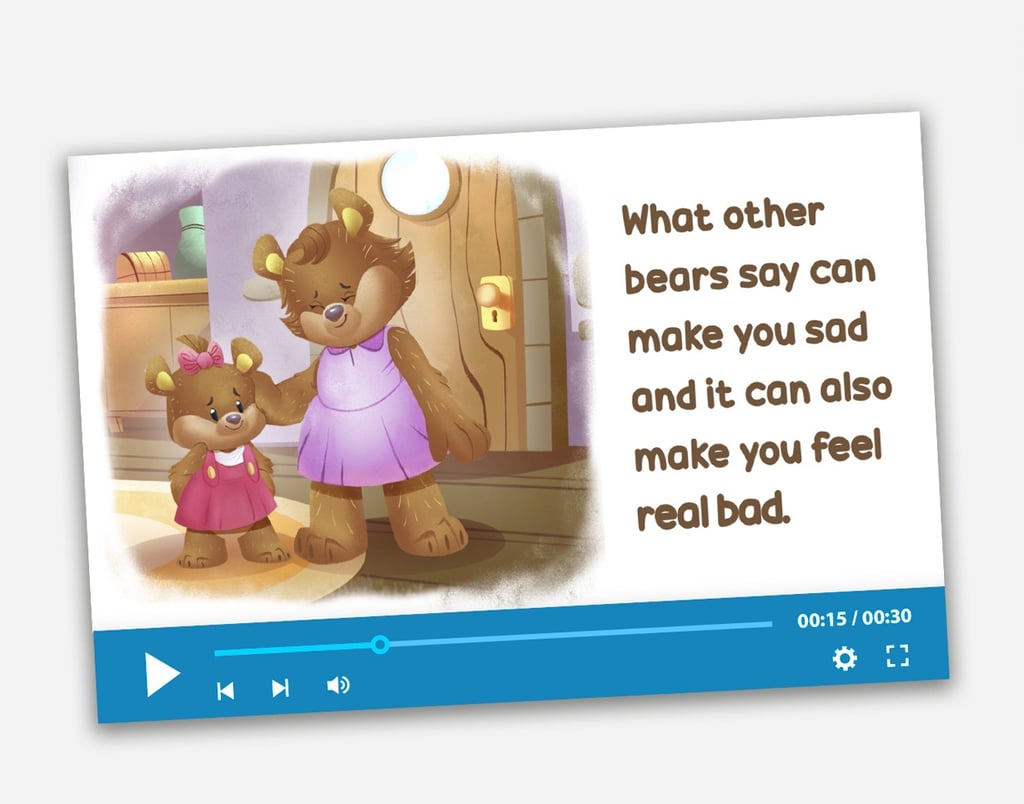 An educational children's video storybook about emotions featuring two cartoon bears.