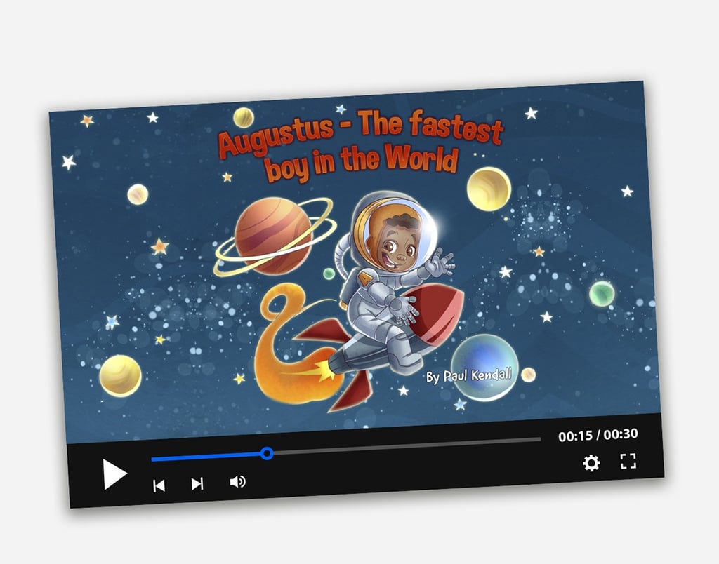 Illustrated children's book cover of Augustus the boy astronaut flying a rocket through outer space.