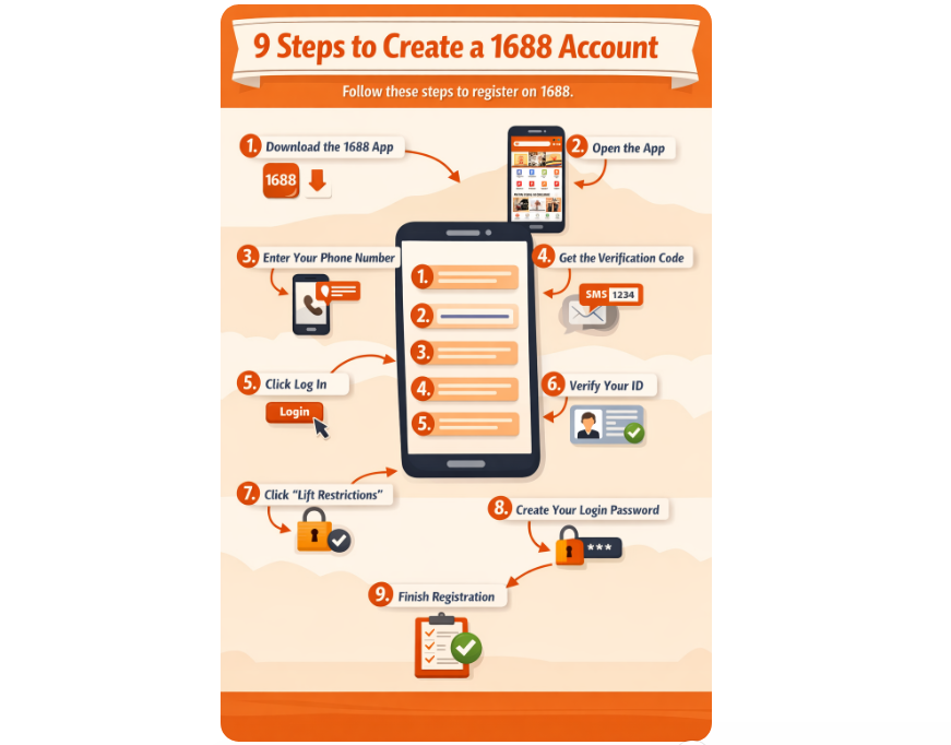 Infographic showing 9 steps to create a 1688 account on a mobile app for wholesale shopping