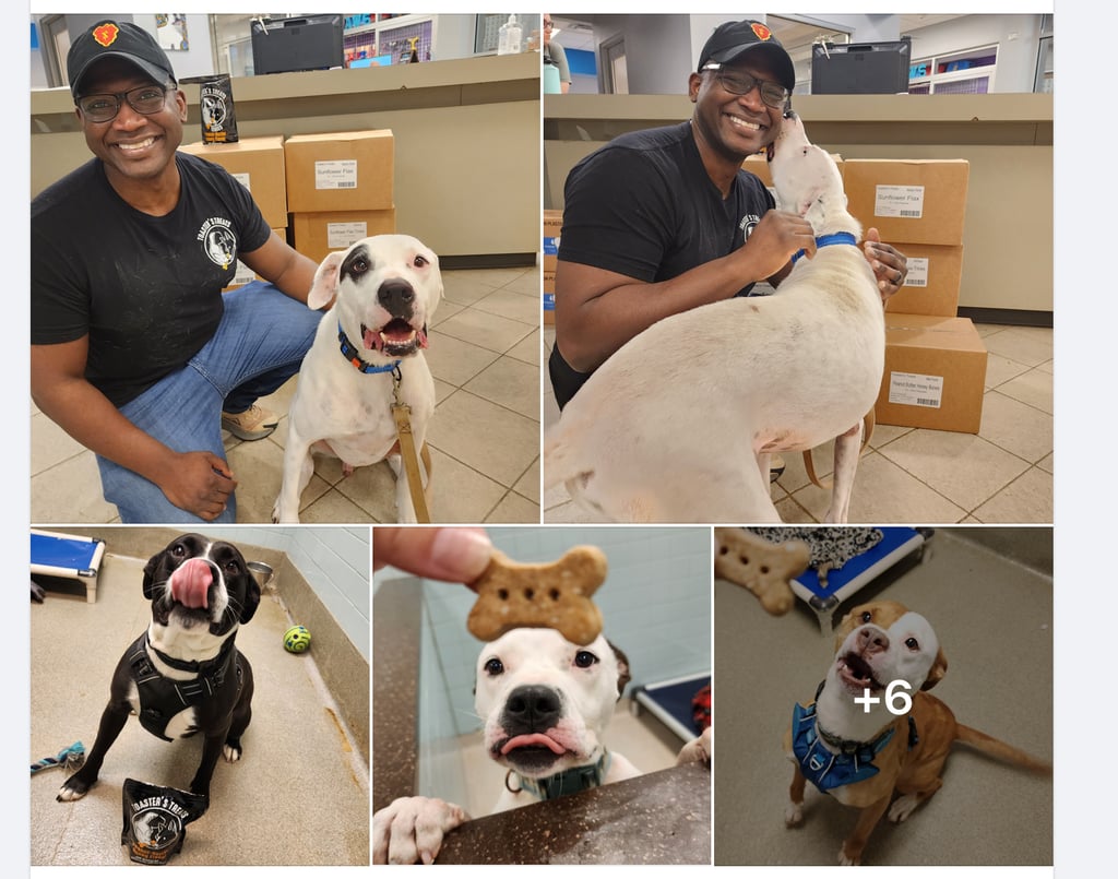 a man sitting with a rescue dog