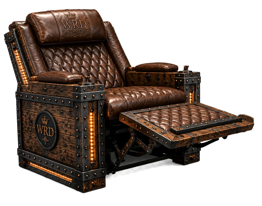 Luxury rustic steampunk recliner chair with brown tufted leather and industrial wood accents.