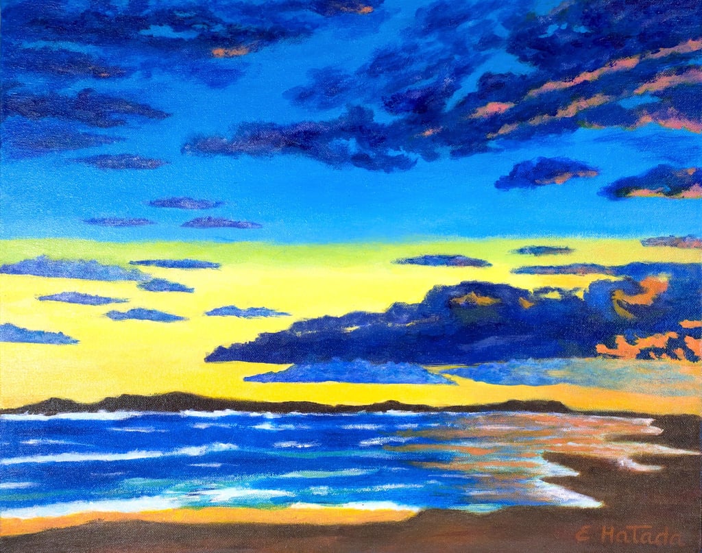 Acrylic painting of sunset on the beach with clouds