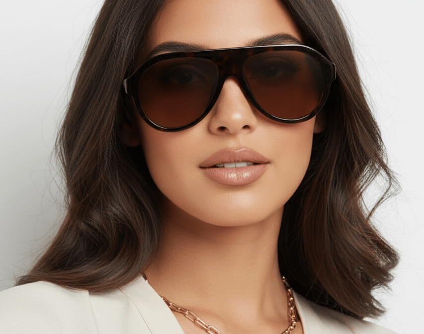 a woman wearing brown sunglasses
