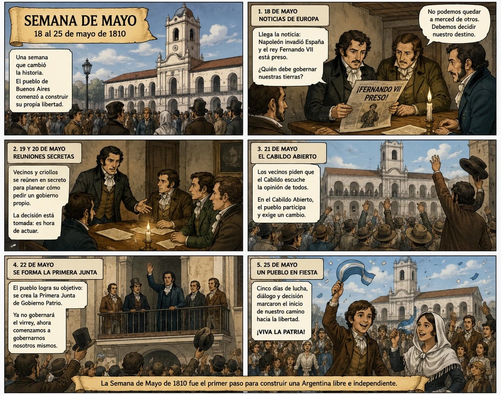 Educational comic strip illustrating the 1810 May Revolution timeline in Buenos Aires, Argentina.
