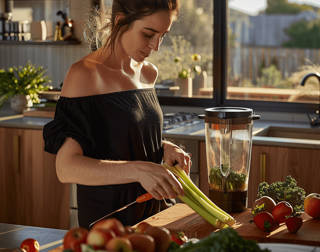 a woman is standing in a kitchen with a blender