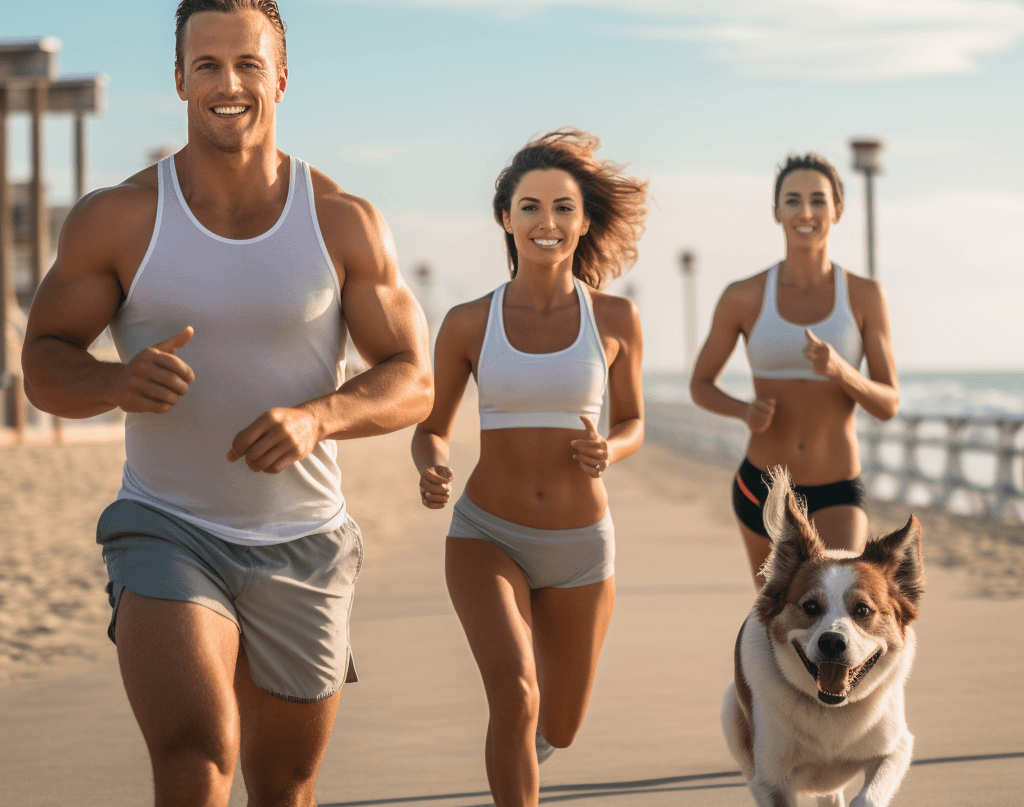 Group of men and women jogging at the beach