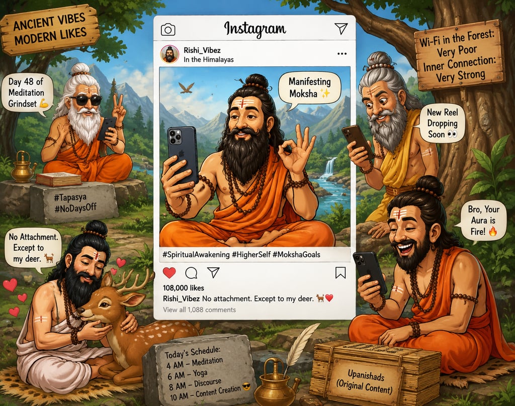 Digital illustration of Himalayan yogis using smartphones and social media in a humorous modern forest setting.