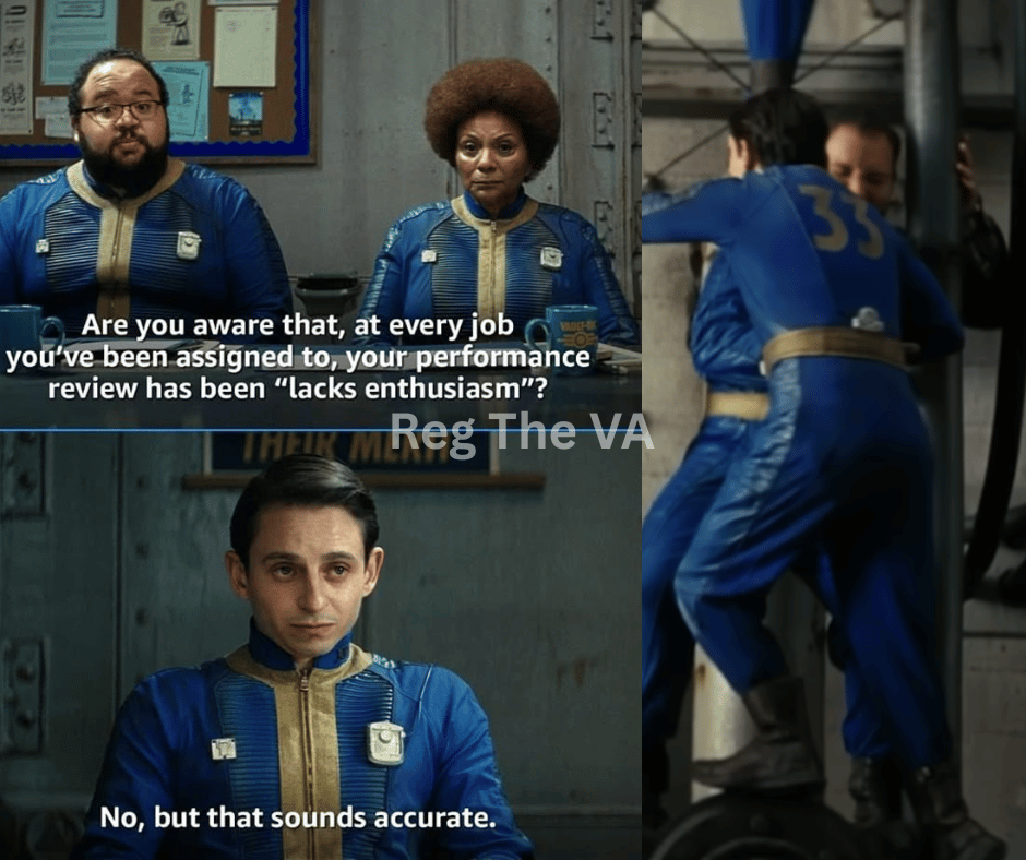 Side-by-side comparison of Norm MacLean from Fallout Season 1 (unenthusiastic employee) vs Season 2 