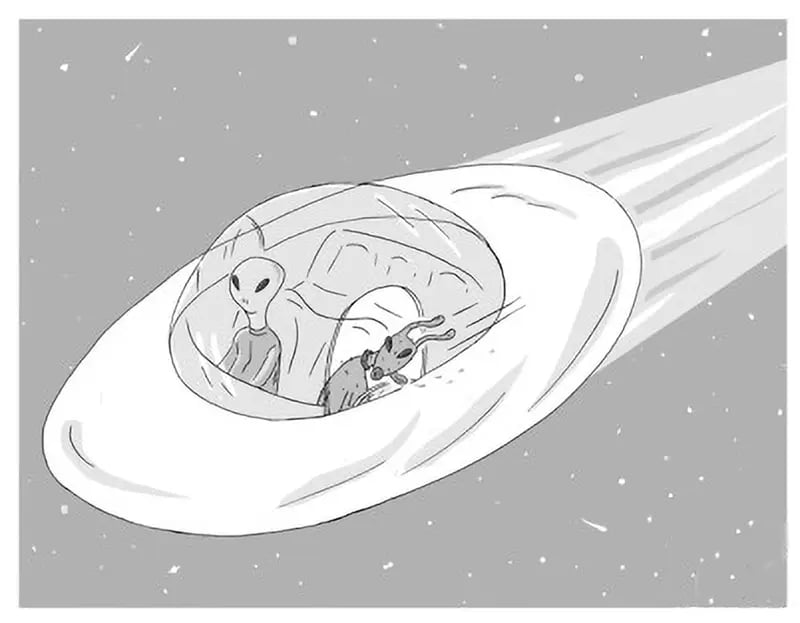 Alien in spaceship with dog's head out window.