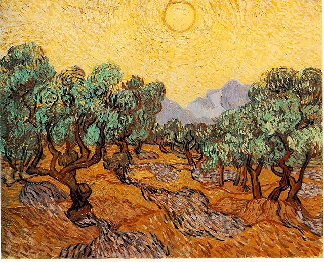 Olive Trees with Yellow Sky and Sun painting