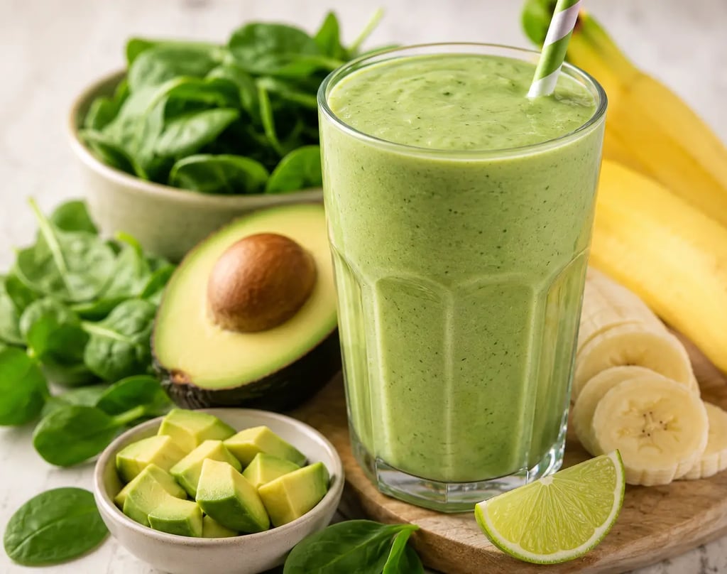 A healthy green smoothie in a tall glass with fresh avocado, spinach, bananas, and lime ingredients.