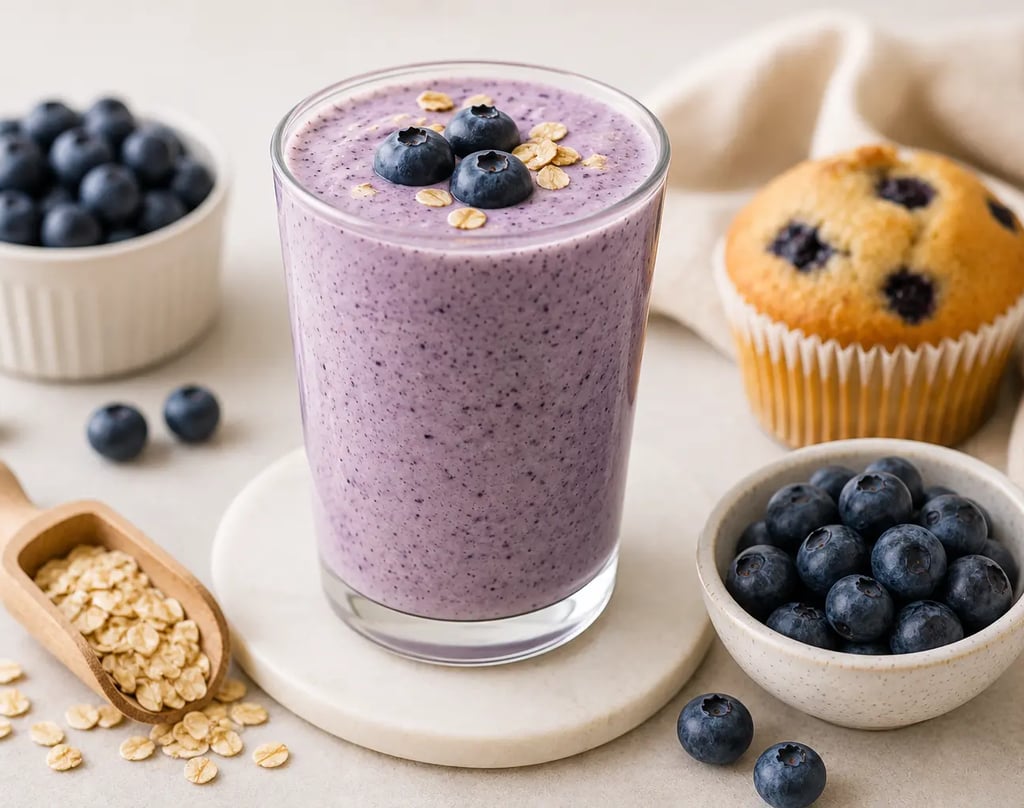 A healthy blueberry smoothie topped with oats next to fresh blueberries and a muffin.