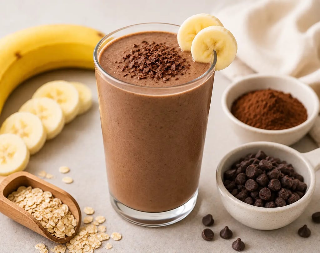 A creamy chocolate banana smoothie topped with cocoa nibs and fresh banana slices, served with oats.