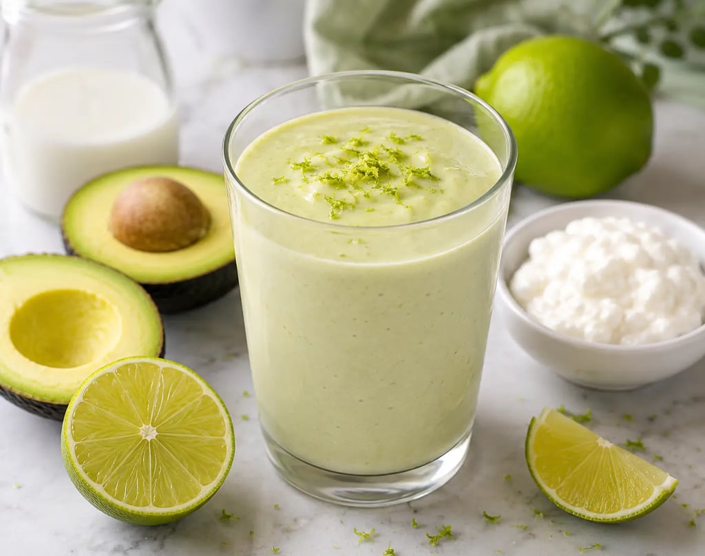 Creamy avocado lime smoothie in a glass with fresh lime zest, sliced avocado, and greek yogurt.
