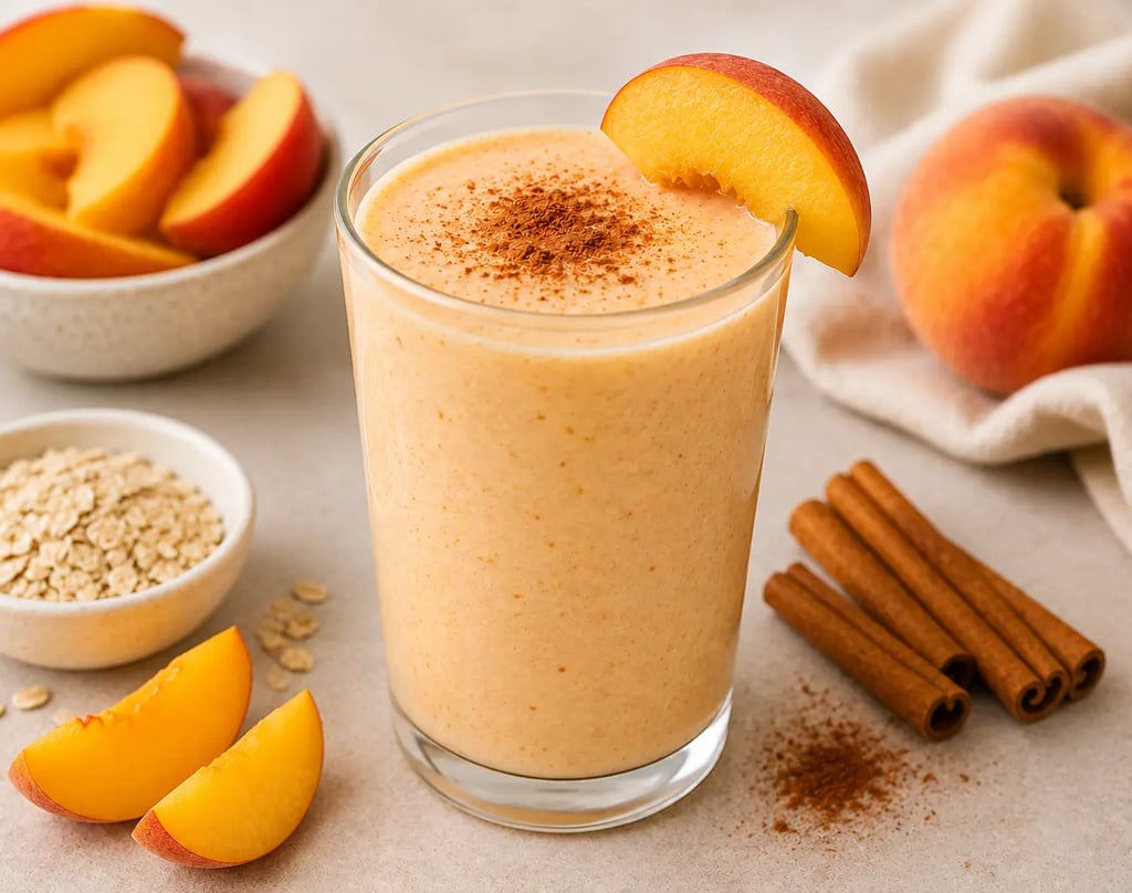A creamy peach smoothie topped with cinnamon in a glass surrounded by fresh peach slices, oats, and cinnamon sticks.
