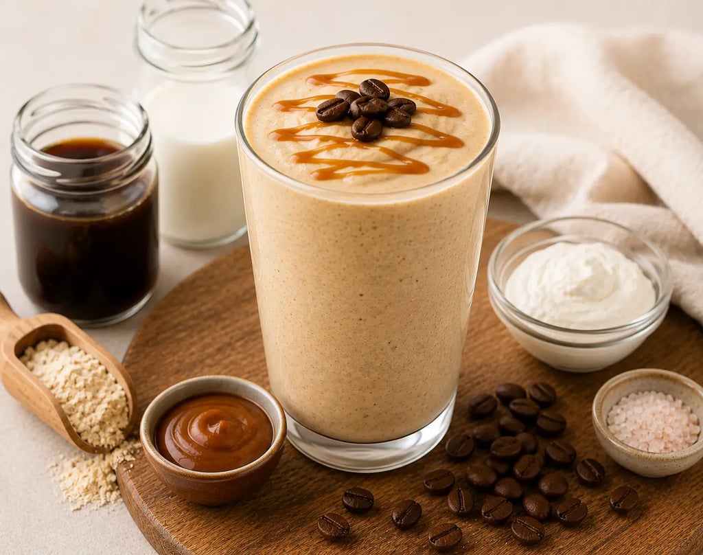 A creamy caramel coffee protein smoothie topped with espresso beans and caramel drizzle.