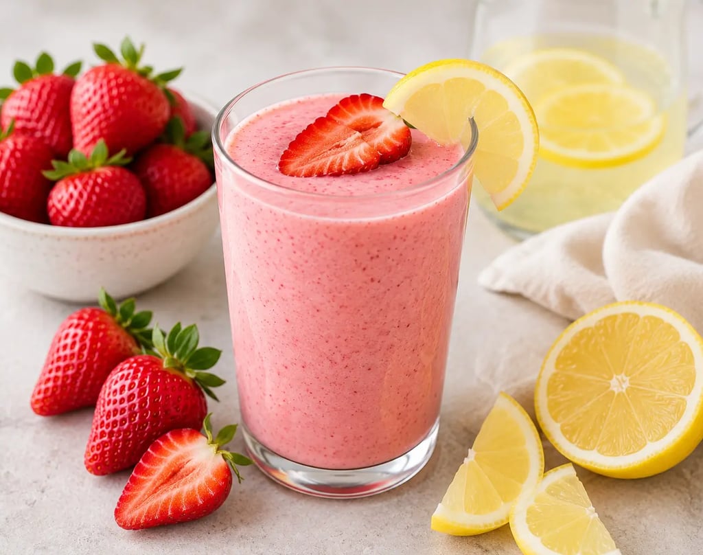 Creamy pink strawberry smoothie in a glass garnished with fresh lemon and berries.