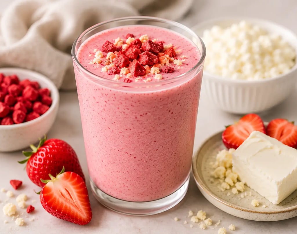 Creamy pink strawberry cheesecake smoothie in a glass with fresh berries and cottage cheese.