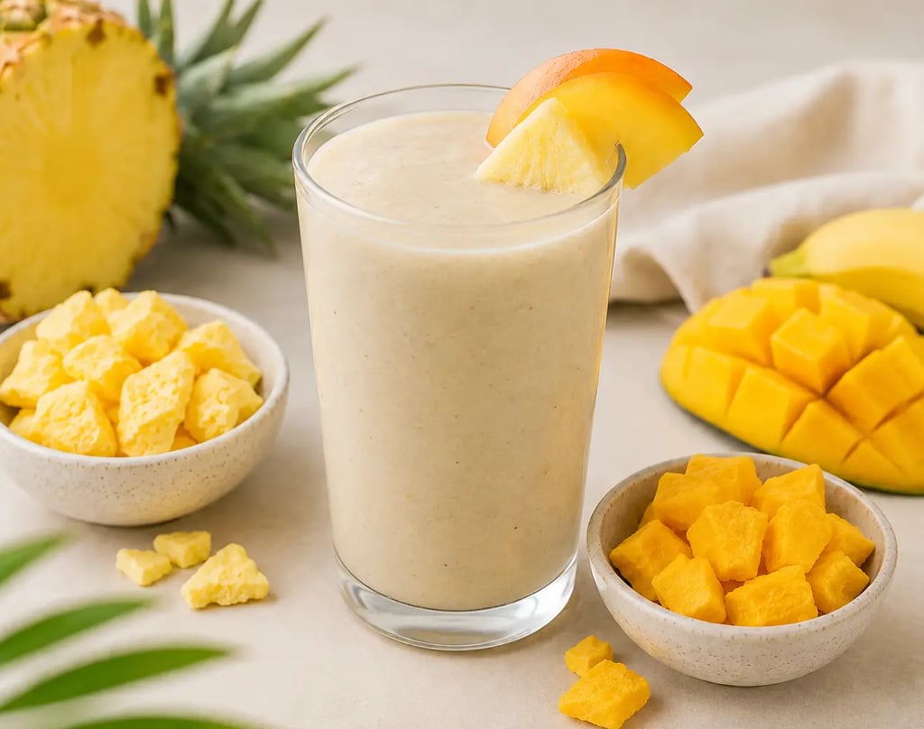 Creamy tropical sunrise smoothie in a glass with pineapple, banana, mango chunks, and freeze-dried pineapple pieces