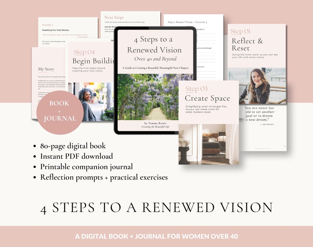 Digital book and companion journal for women over 40 featuring reflection prompts and life vision exercises.