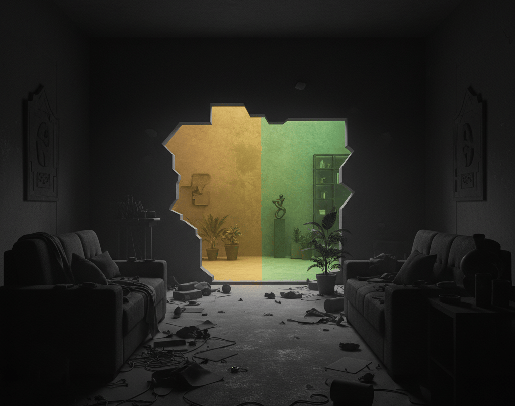 Caos (fundo escuro/preto) versus Ordem (luz dourada/verde) na organização da mente e casa.