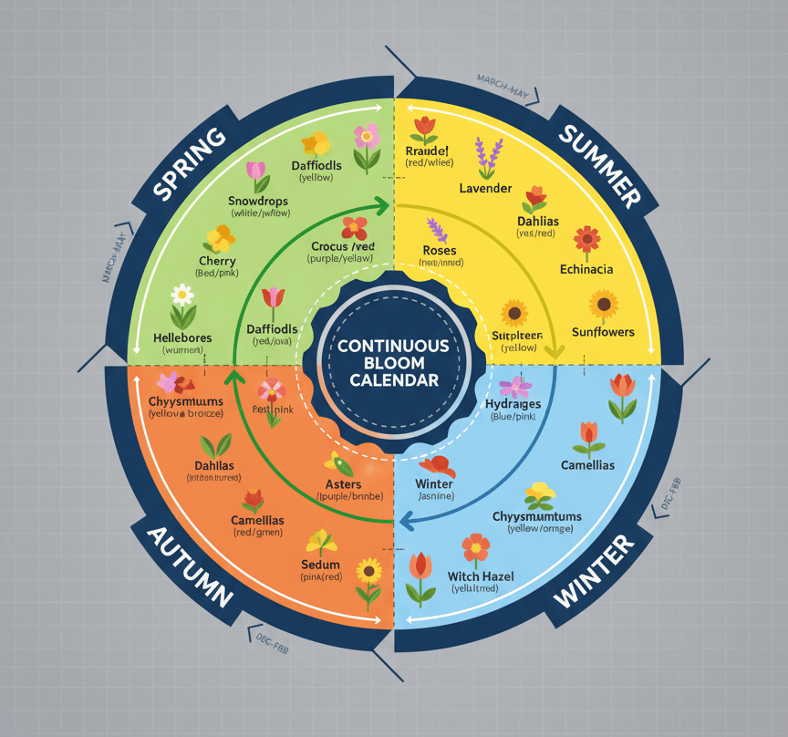 A circular continuous bloom calendar guide showing seasonal flowers for spring, summer, autumn, and winter gardens.