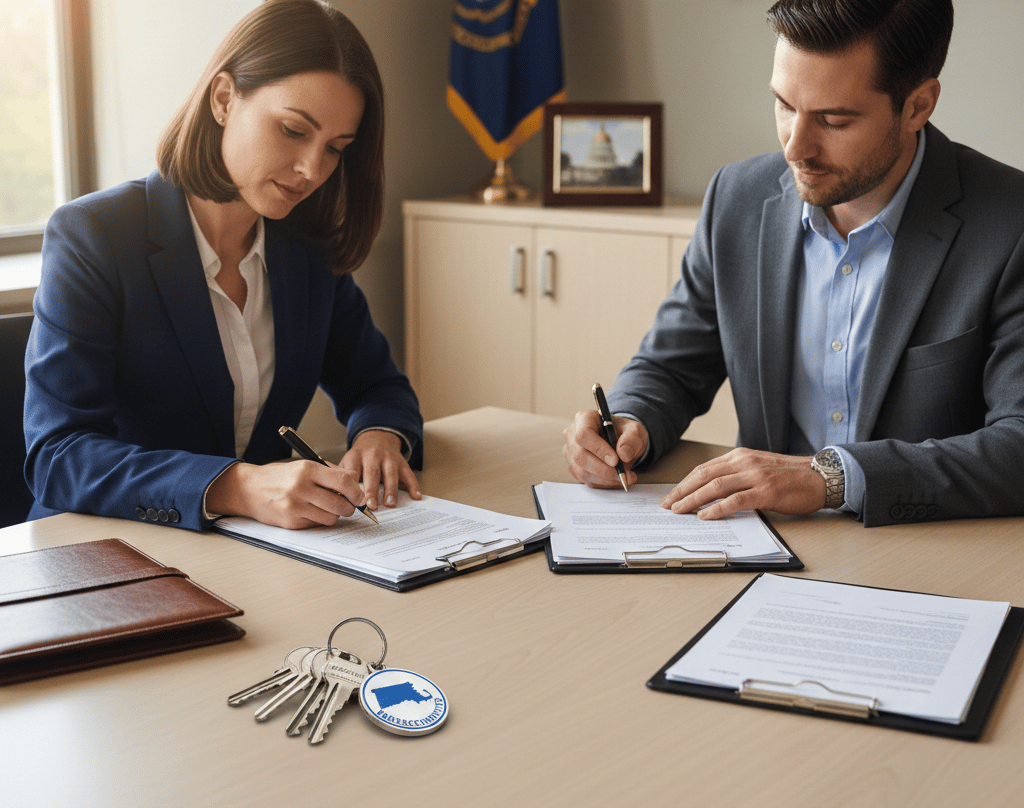 Real estate closing notary signing home purchase documents in Massachusetts
