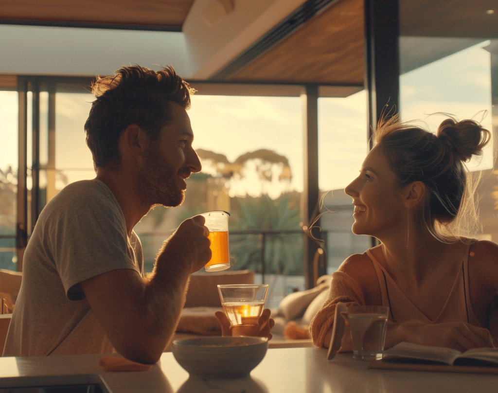 a man and woman sitting at a table with drinks
