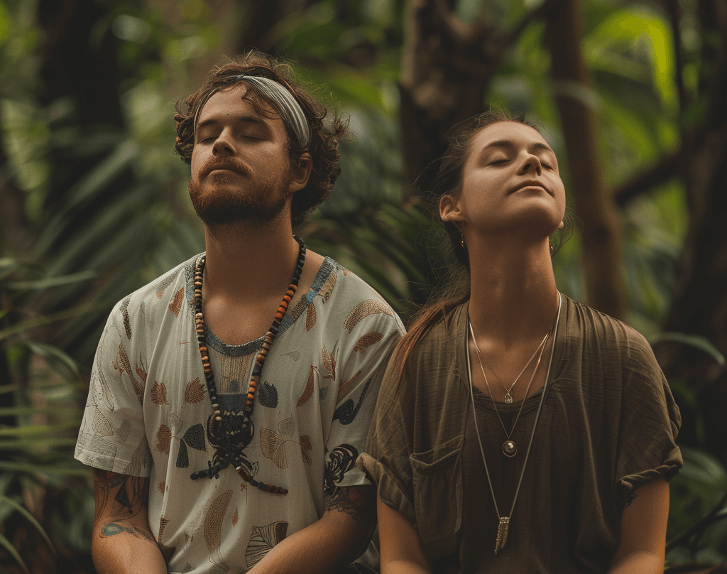 a man and woman sitting on a bench in a forest