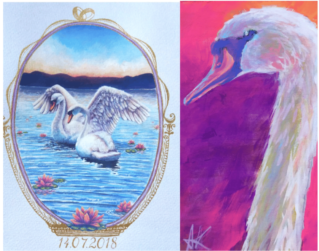 colorful gouache painting of a swans