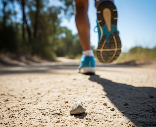 A person running on a trail in the woods, removing mental stone from their mind