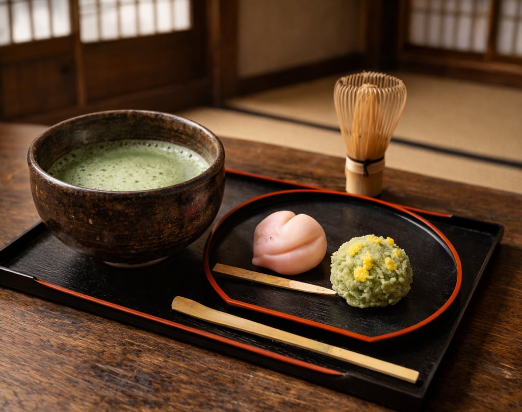 Authentic Japanese tea ceremony still life featuring matcha bowl, wagashi confectionery, bamboo whis