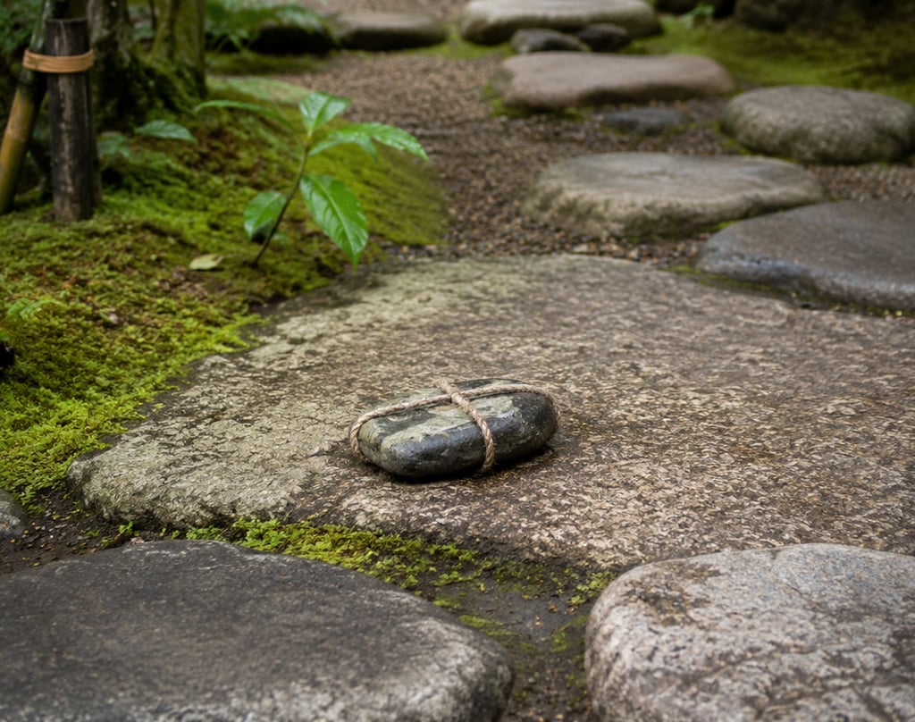 A traditional Japanese sekimori ishi boundary stone sits on a stone garden path.