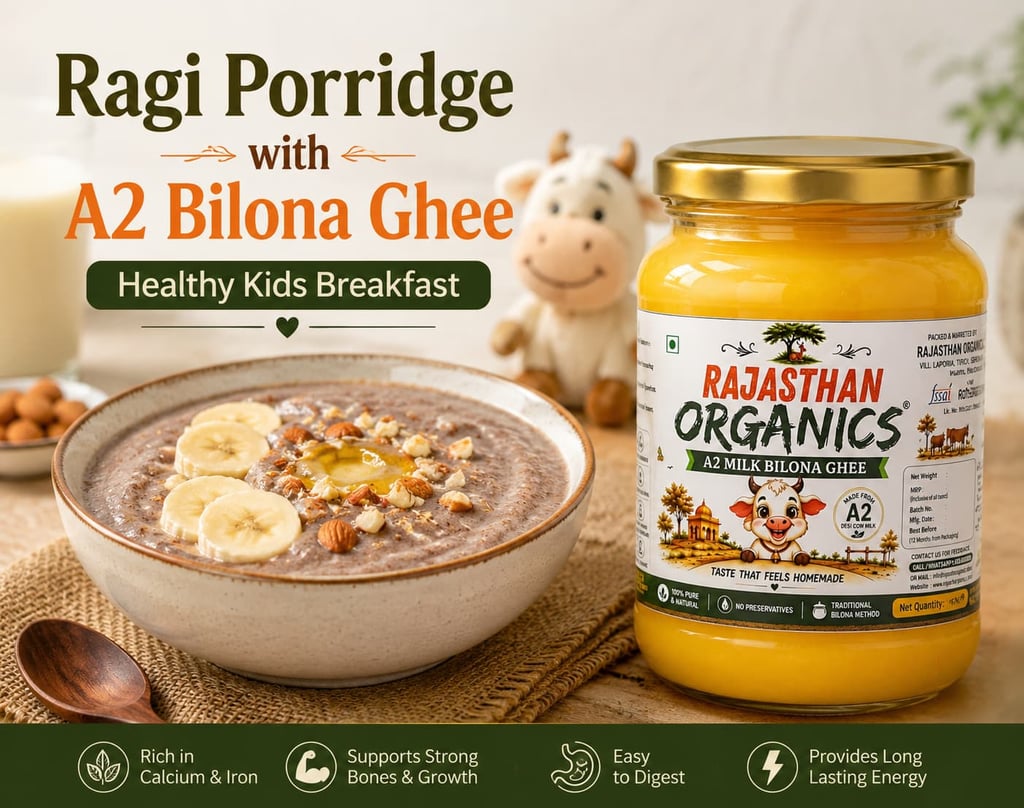 Nutritious ragi porridge bowl topped with bananas and Rajasthan Organics A2 Bilona Ghee for a healthy kids breakfast.